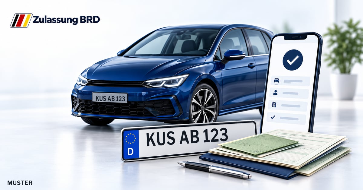 Online Fahrzeugzulassung in Kusel: Musterkennzeichen KUS AB 123, Auto und Fahrzeugpapiere und Smartphone. Illustration mit Logo von Zulassung BRD.